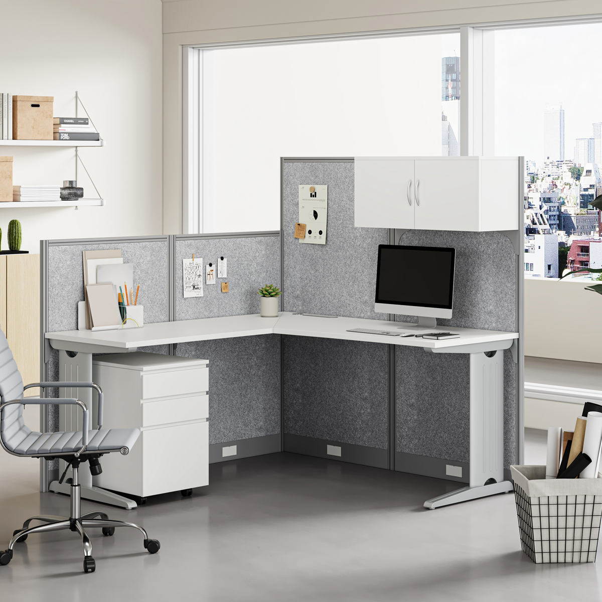 Modular L-Shaped Office Desk with Integrated Storage and Felt Acoustic Panels for modern office workspace