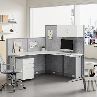 Modular L-Shaped Office Desk with Integrated Storage and Felt Acoustic Panels for modern office workspace