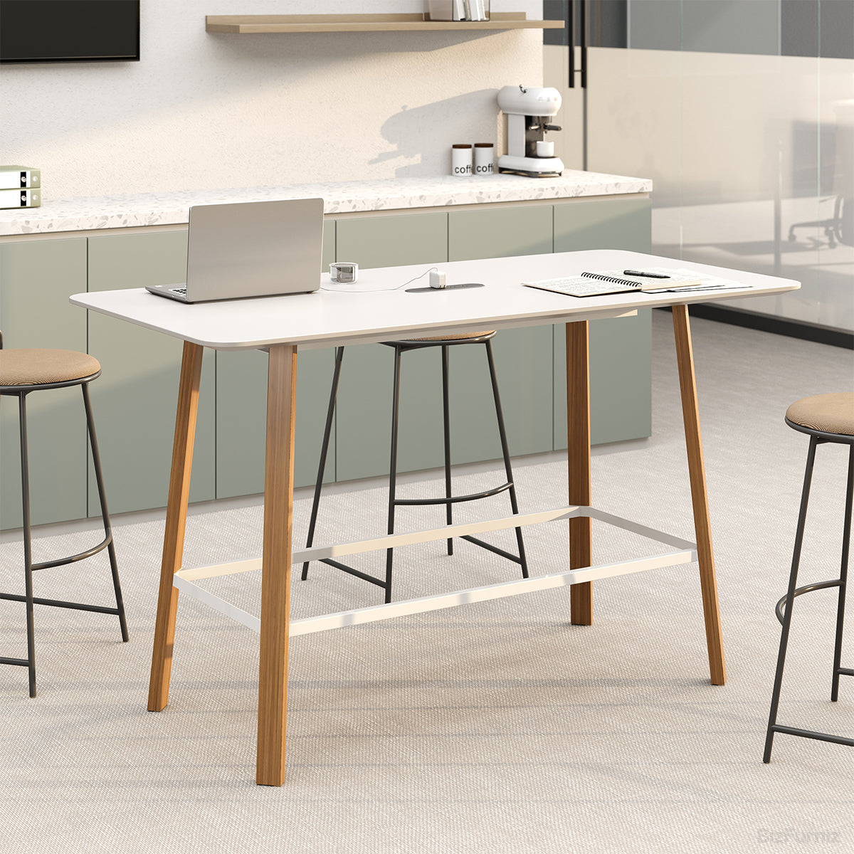 White High Bar Table With Wood Legs For Office Cafe