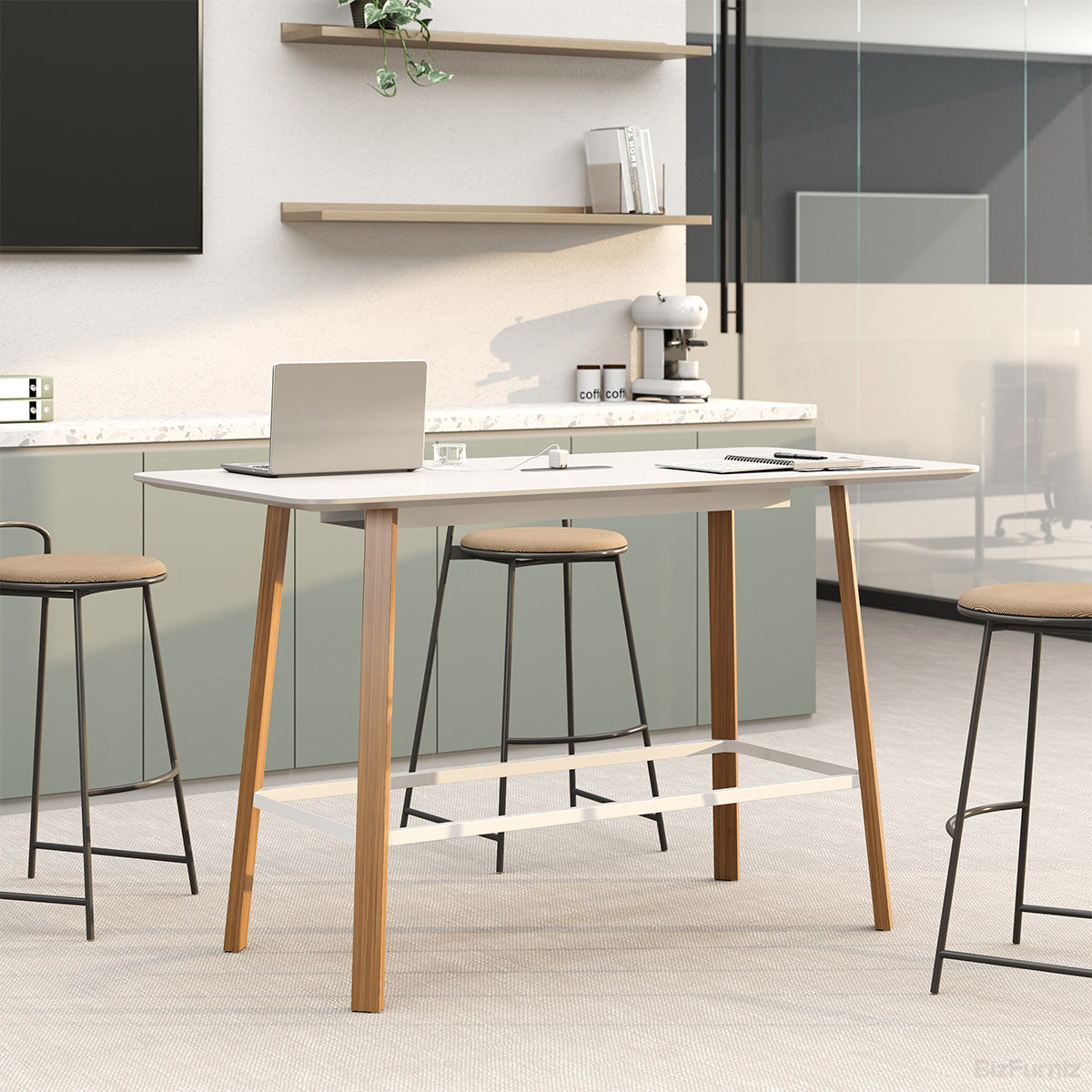 Workstation Bar Table With Wooden Legs In Modern Office