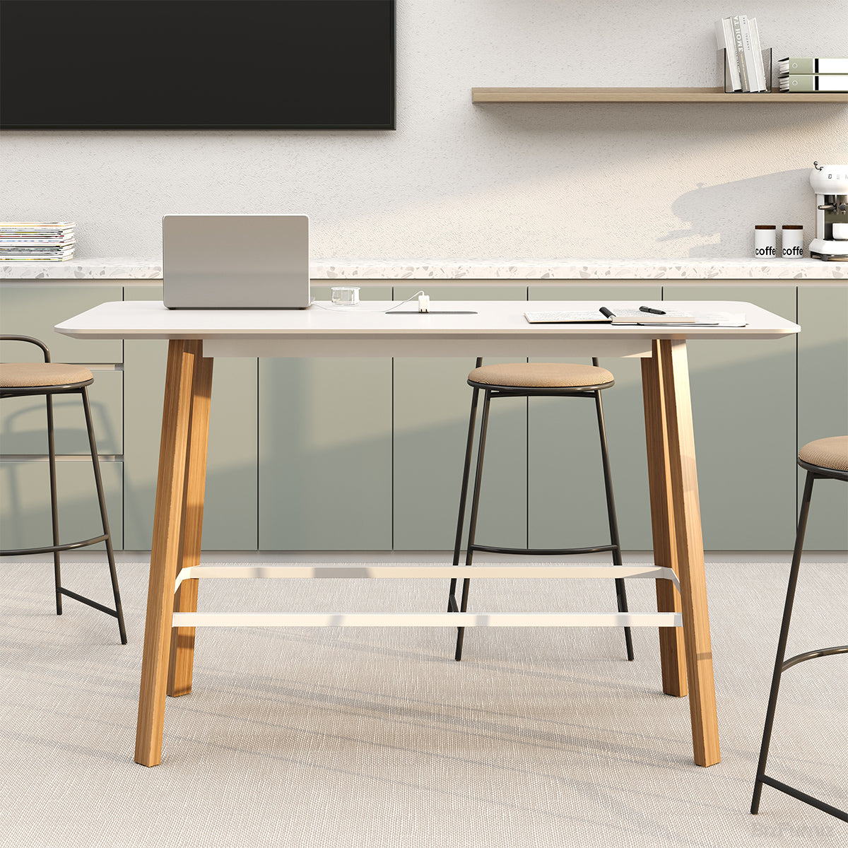 Front View Of Tall Counter Table With Laptop And Workspace
