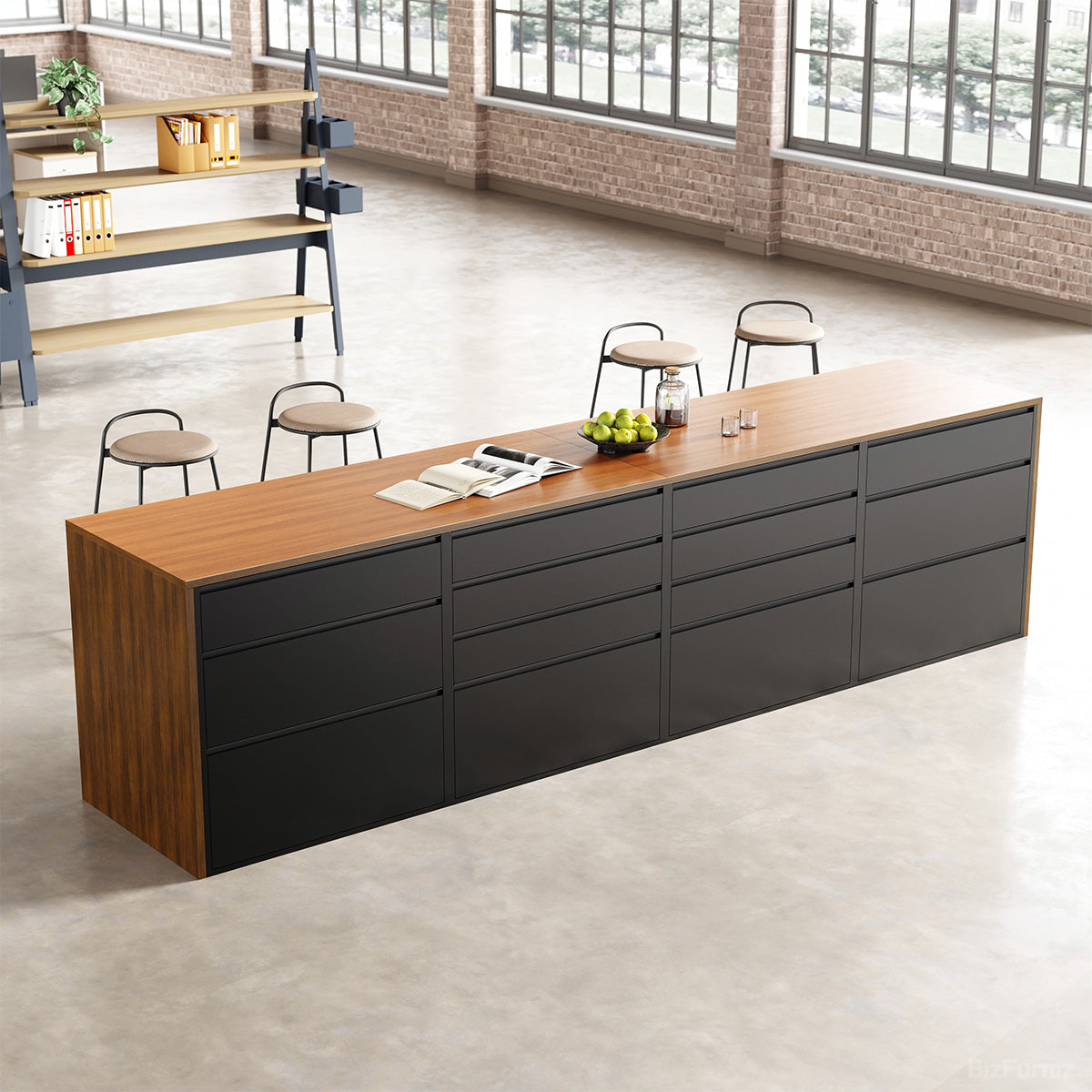 360cm(L) Modern Multi-functional Storage Cabinet with Front and Rear Access Design for Versatile for modern office workspace