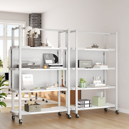 Double Wide Multi-Tier Rolling White Open Bookcase