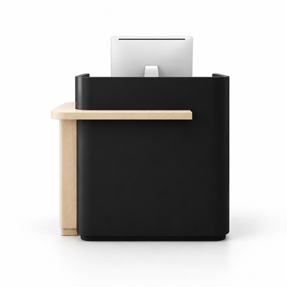 Layered Curved Reception Counter with Wood-Look Ledge and Storage