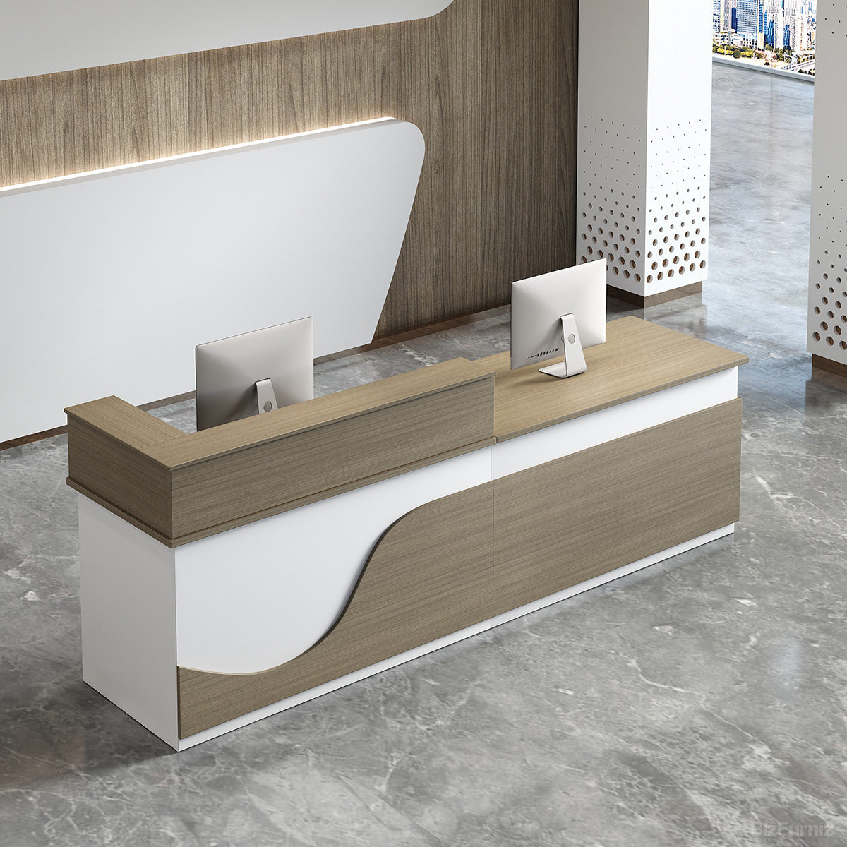 Sleek Modern Reception Desk with Raised Counter and Lockable Drawer for modern office workspace