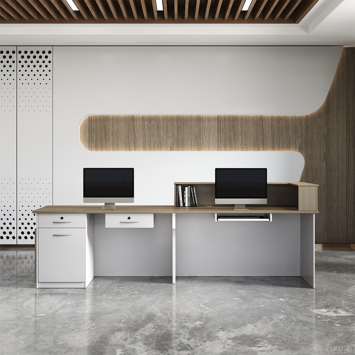 Sleek Modern Reception Desk with Raised Counter and Lockable Drawer product view 3