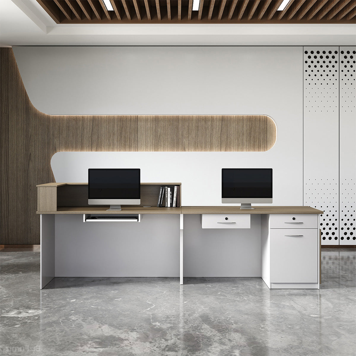 Sleek Modern Reception Desk with Raised Counter and Lockable Drawer product view 13