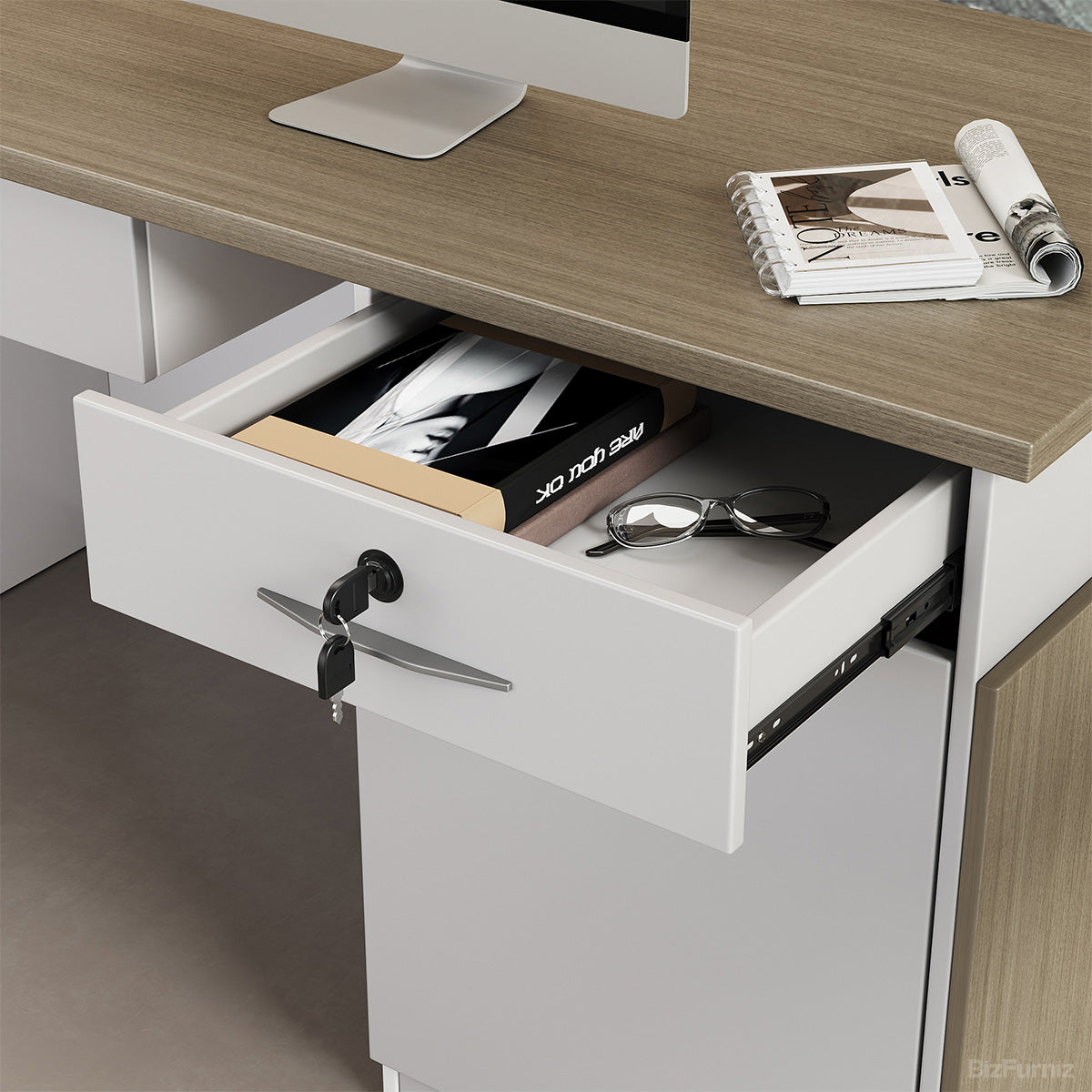 Sleek Modern Reception Desk with Raised Counter and Lockable Drawer product view 4