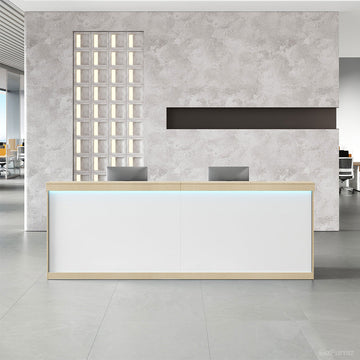 Wooden Reception Desk with Backlit Panel, Cabinet and Cable Management for modern office workspace