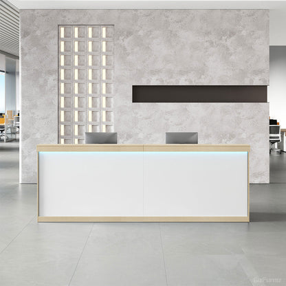 Wooden Reception Desk with Backlit Panel, Cabinet and Cable Management for modern office workspace