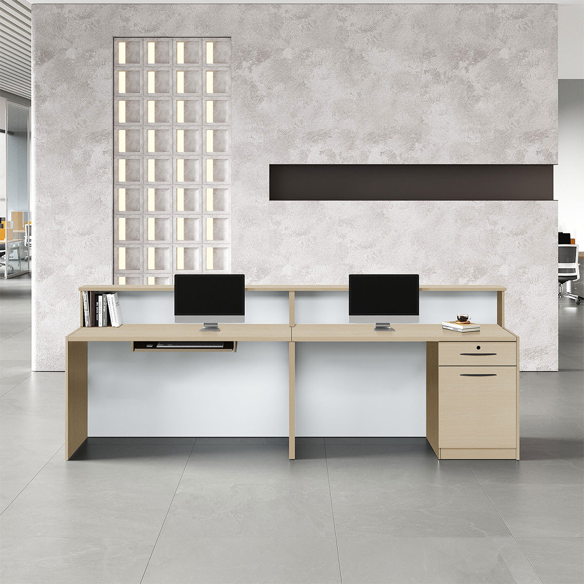 Wooden Reception Desk with Backlit Panel, Cabinet and Cable Management product view 3