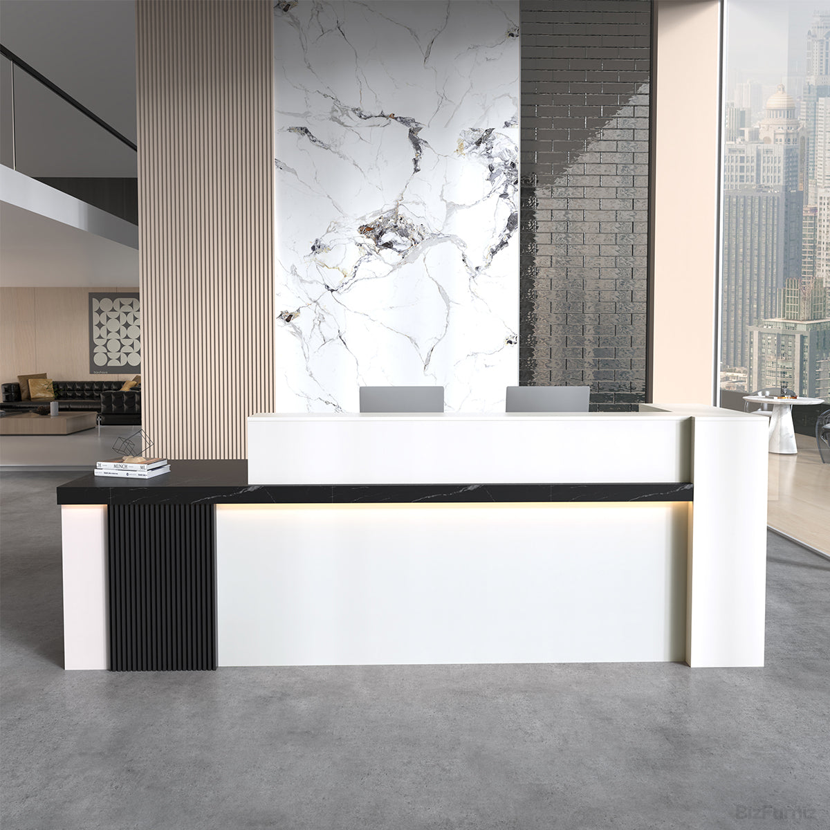 180cm Modern Reception Desk with Counter, Open Shelving and Lockable Drawer for modern office workspace