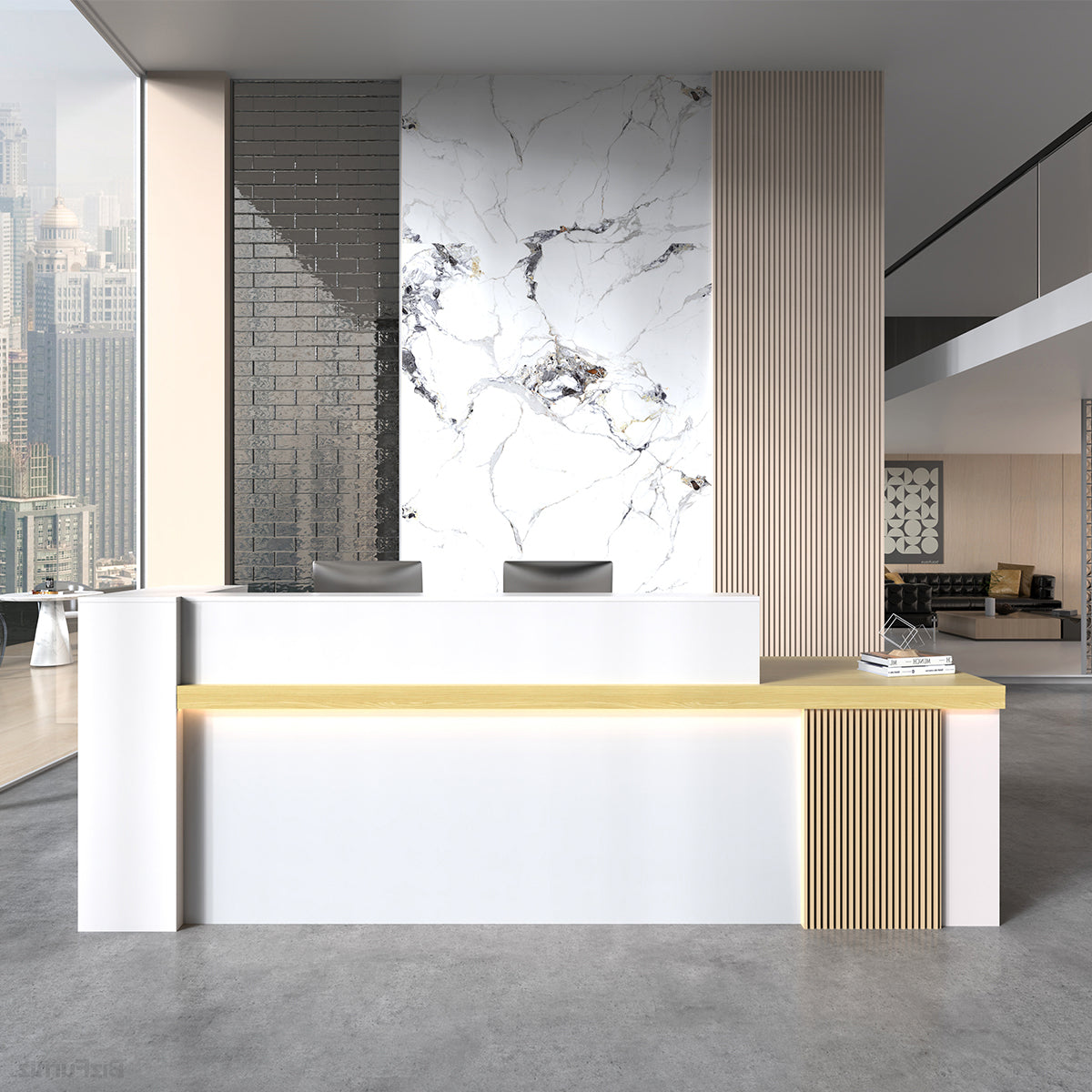 Front Side of a Modern Reception Desk with Counter, Open Shelving and Lockable Drawer