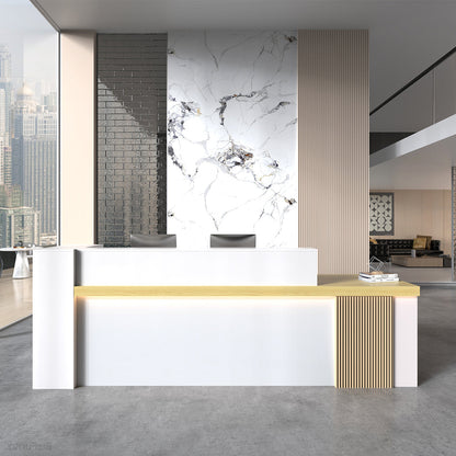 Front Side of a Modern Reception Desk with Counter, Open Shelving and Lockable Drawer