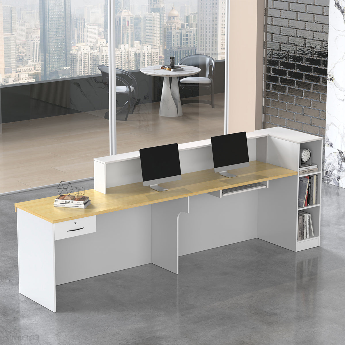 Receptionist Perspective of a Modern Reception Desk with Counter, Open Shelving and Lockable Drawer