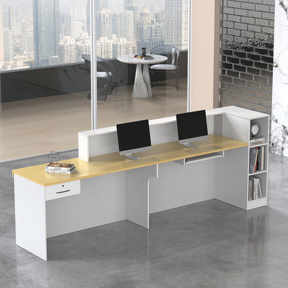Receptionist Perspective of a Modern Reception Desk with Counter, Open Shelving and Lockable Drawer