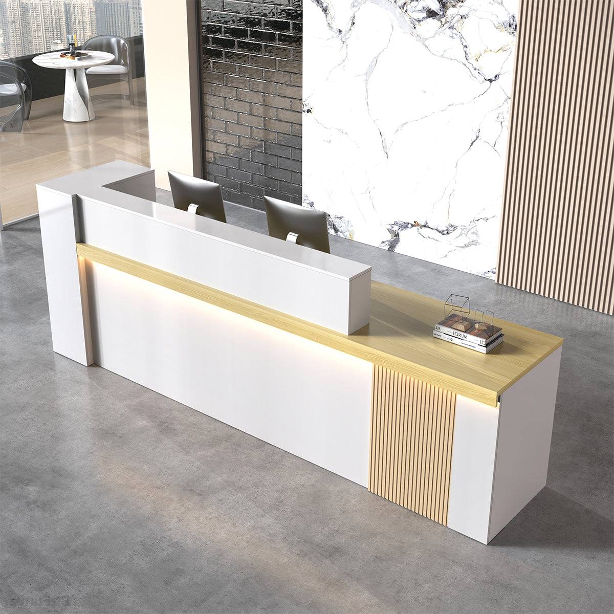 Visitor Perspective of a Modern Reception Desk with Counter, Open Shelving and Lockable Drawer