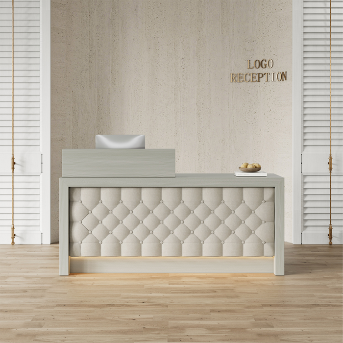 Modern Luxury Reception Desk with Tufted LED Ambient Lighting, and Dual-Level Countertop for modern office workspace
