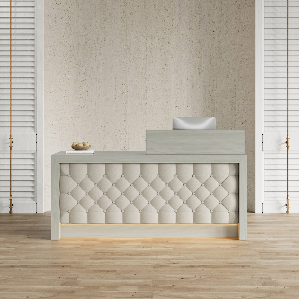 Modern Luxury Reception Desk with Tufted LED Ambient Lighting, and Dual-Level Countertop product view 2