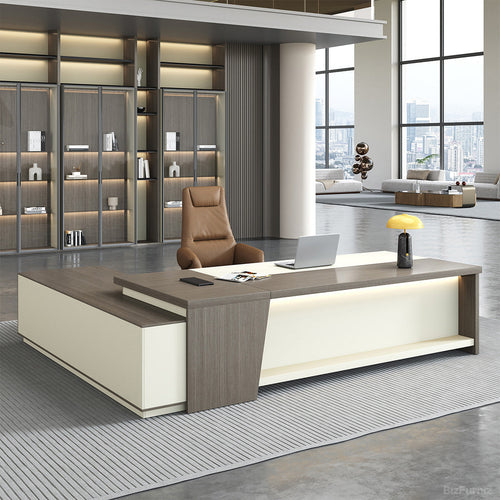 L-shaped Executive Desk with Power Hub, Side Cabinet and Lockable Drawer for modern office workspace