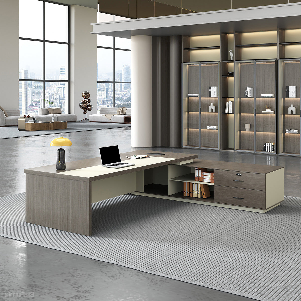 L-shaped Executive Desk with Power Hub, Side Cabinet and Lockable Drawer product view 5