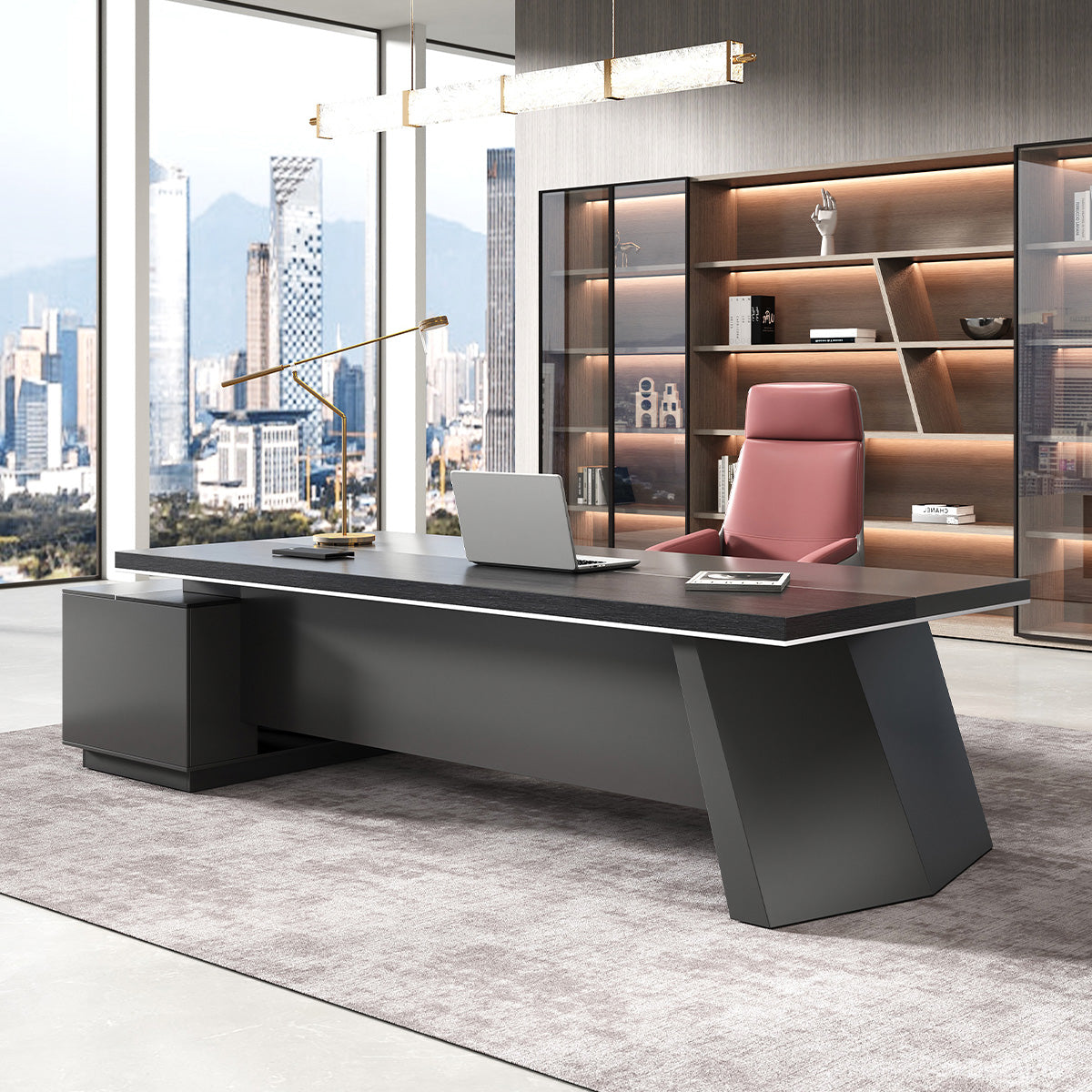L-shaped Executive Desk with Cable Management and Side Cabinet product view 3