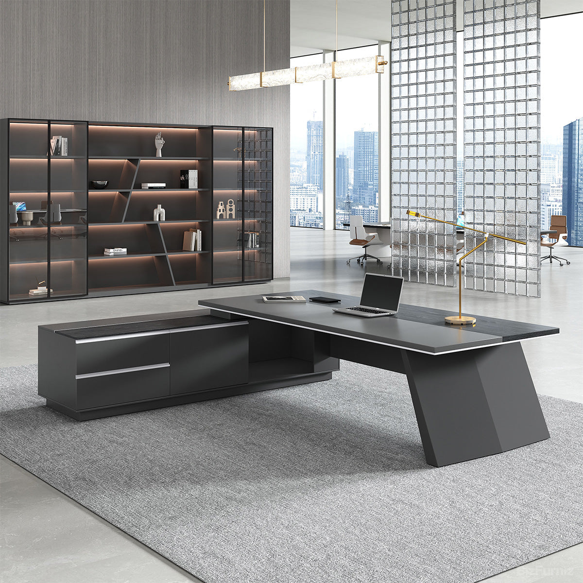 L-shaped Executive Desk with Cable Management and Side Cabinet product view 13