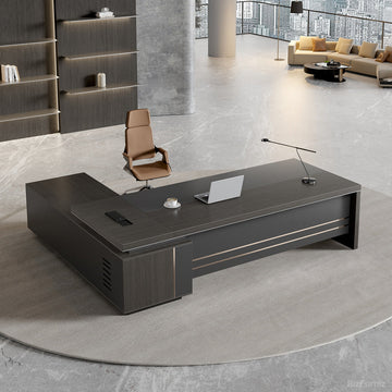 Reversible L-shaped Executive Desk with Dual USB Ports and AC Outlet for modern office workspace