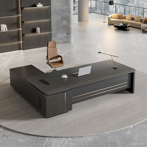 Reversible L-shaped Executive Desk with Dual USB Ports and AC Outlet for modern office workspace