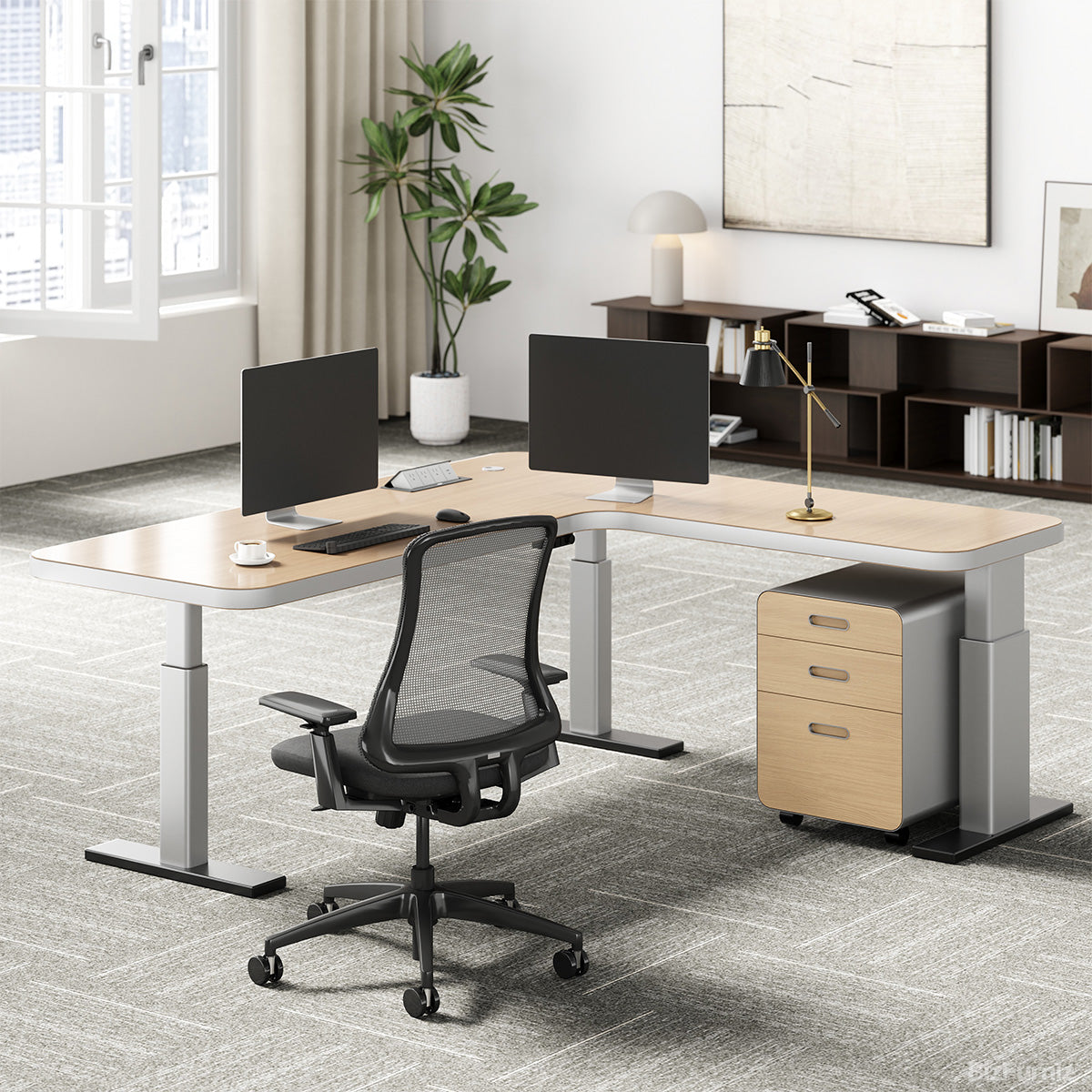 200cm(L)-shaped Sit-Stand Office Desk with Built-in Power Hub and Under-desk Cabinet for modern office workspace