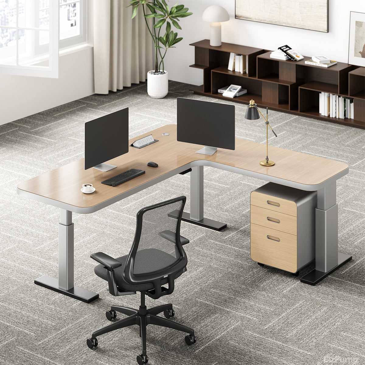 200cm(L)-shaped Sit-Stand Office Desk with Built-in Power Hub and Under-desk Cabinet product view 3