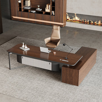 Modern office desk with chair in a room with a fireplace