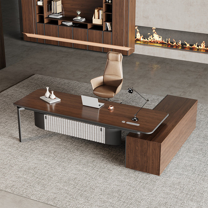 Modern office desk with chair in a room with a fireplace