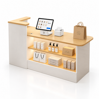 Compact white and natural wood-look reception counter with open display shelves