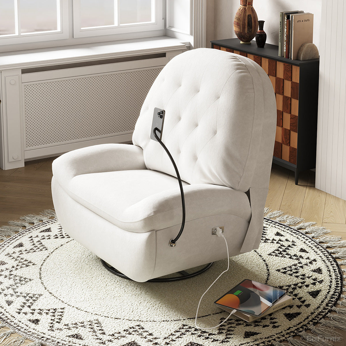 Luxury Cream Suede Recliner Chair with Phone Holder, Footrest, and USB Port product view 3