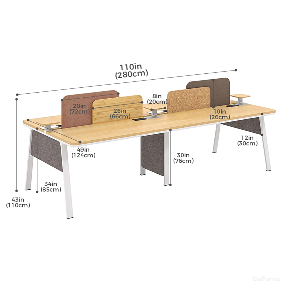 280cm 4-person Office Desk with Partition and Cable Management product view 4